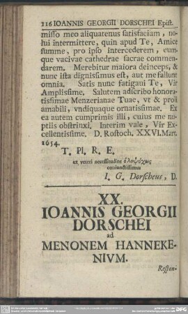 XX. Ioannis Georgii Dorschei ad Menonem Hannekenium