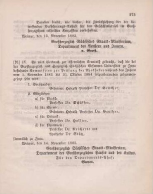 91. Ministerial-Bekanntmachung, die Zusammensetzung der Prüfungs-Kommission für Apotheker für die Periode 1. November 1883 bis 31. Oktober 1884 betreffend