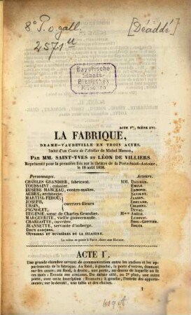 La fabrique : Drame-vaudeville en trois actes