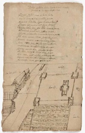 Fahre, Entwürfe für ein Lustschloss bei der Herberge (recto und verso), Schriftstück (recto oben)