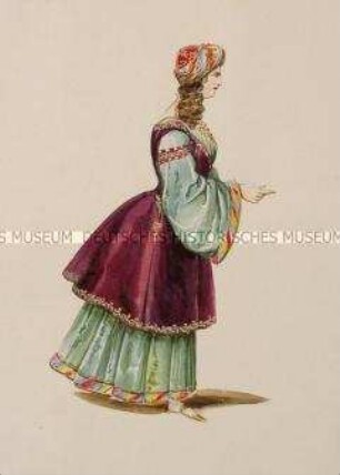 Frau im grünen Kleid mit weiten Ärmeln, dunkelrotem Überkleid und Turban - Tafel aus Franceschini/Kostümbilder (Kassette 2)