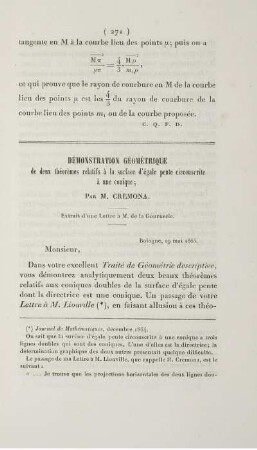 Démonstration géométrique de deux théorèmes relatifs à la surface d'égale pente circonscrite à une conique.