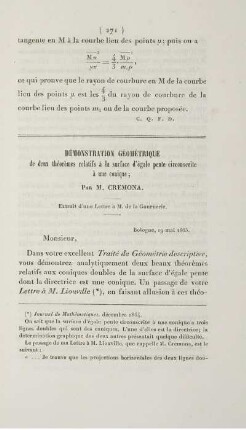 Démonstration géométrique de deux théorèmes relatifs à la surface d'égale pente circonscrite à une conique.