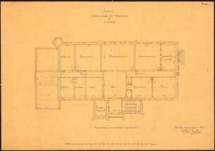 Herrschaftliches Wohnhaus, Belmsdorf Umbau: Grundriss 1. Obergeschoss mit der Balkenlage darüber, Maßstabsleiste ca. 1:92