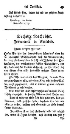 Sechste Nachricht. Zeitvertreib in Carlsbad