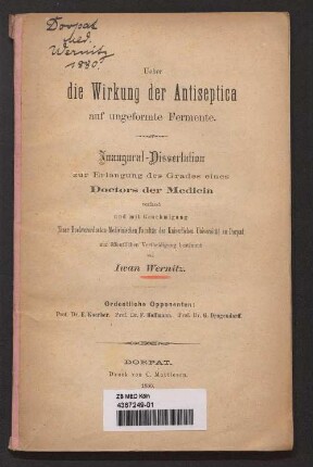 Ueber die Wirkung der Antiseptica auf ungeformte Fermente