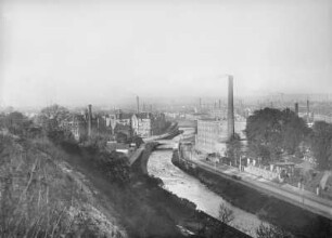 Dresden-Plauen. Blick über die Weißeritz und die Bienertmühle nach Norden