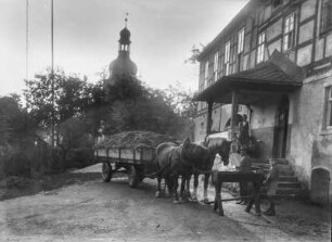 Pferdegespann am Gasthaus : Braunsdorf. Pferdegespann am Gasthaus "Gold'ner Löwe" (Inhaber Wilhelm Schütz)
