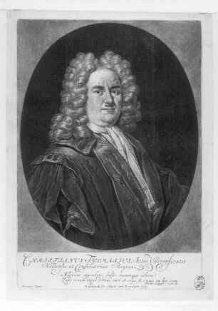 Bildnis Christian Thomasius (Jurist, Philosoph, Prof. und Kanzler in Halle 1655-1728) : Schenk, Pieter (Hersteller): Bildnis Christian Thomasius (Jurist, Philosoph, Prof. und Kanzler in Halle 1655-1728). Schabkunst; 273 x 187 mm. 1705. Dresden: Kupferstich-Kabinett A 43591 in A 1157, 1 (N XVII-XVIII, Stecherband, Schenk I), Singer 90177
