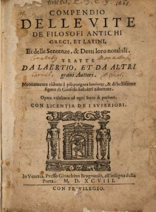 Compendio delle vite de'Filosophi antichi greci et latini