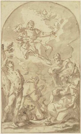 Maria mit dem Jesuskind auf Wolken zu den Heiligen Sebastian, Antonius Abbas, Paulus und Johannes dem Evangelisten herabschwebend