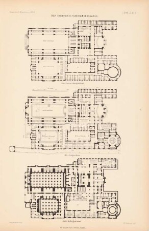 Karl Müllersches Volksbad, München: Grundrisse KG, EG, 1.OG (aus: Atlas zur Zeitschrift für Bauwesen, hrsg. v. Ministerium der öffentlichen Arbeiten, Jg. 52, 1902)