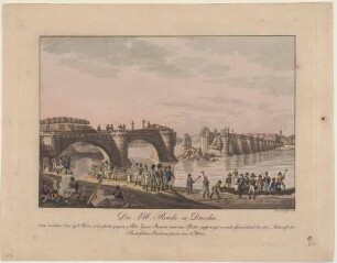 Die durch französische Truppen am 19. März 1813 gesprengte Elbbrücke (alte Augustusbrücke) in Dresden bei der Ankunft des russischen Parlamentärs am 21. März