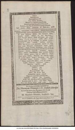 Amici Pocla abituro Dum praebibunt tibi Vino referta plurimo, Henningi, ô animae dimidium meae ... Dn. Hieronymo Henningio I. U. Studioso solertissimo fratri & fautori suo singulariter dilecto iam Witeberg â Liüsiam arbituro propinabat, M. Nicolaus Othonis, Stadensis Sax.