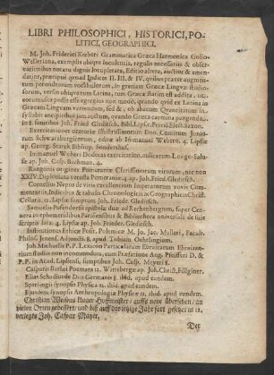Libri Philosophici, Historici, Politici, Geographici.
