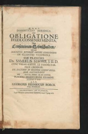 Dissertatio Iuridica De Obligatione Feudi, Consensu Munita