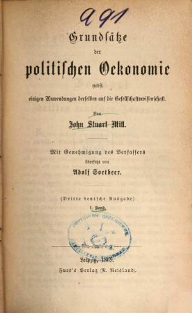 John Stuart Mill's Gesammelte Werke, 5. Grundsätze der politischen Ökonomie ; Band 1