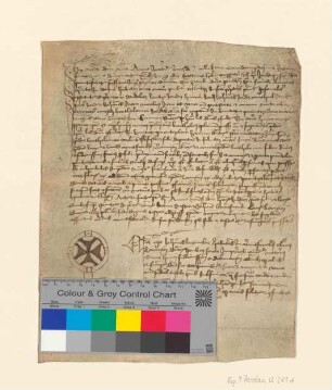 Johannes Künecke (Koyneke), notarius publicus und Kleriker der Diözese Kammin, beurkundet die Bürgschaft von Bürgern der Stadt Prenzlau für einen Gefangenen der Stadt.