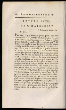 188-200, Lettre LXXIII. de M. d'Alembert. - Lettre LXXVII. du Roi.