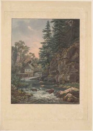 Die Lochmühle im Liebethaler Grund an der Wesenitz bei Lohmen in der Sächsischen Schweiz, nach einem Gemälde von Johann Christian Clausen Dahl