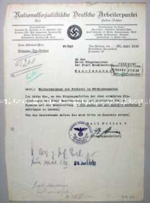 Schreiben der NSDAP-Ortgruppe Neu-Isenburg mit der Aufforderung an den Bürgermeister, am Schwimmbad und anderen öffentlichen Orten ein Schild "für Juden ist der Zutritt verboten" anzubringen