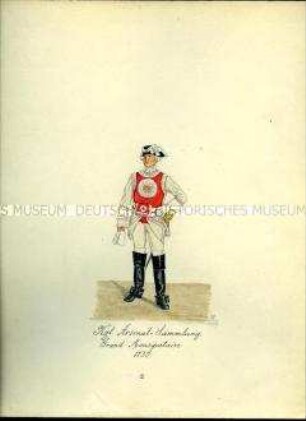 Uniformdarstellung, Musketier mit Supraweste, 1730. Aus: Sammelmappe "Sachsens Militär", Königliche Arsenalsammlung.