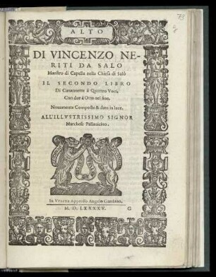 Vincenzo Neriti da Salo: Il secondo libro di Canzonette à quattro voci ... Alto