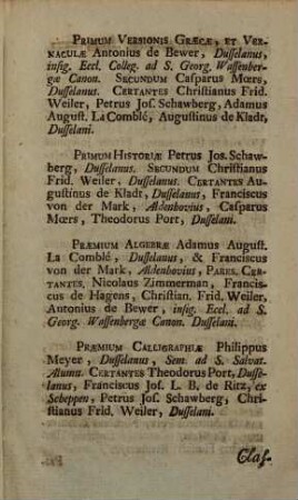 Nomina discipulorum, qui sub finem anni scholastici ... in Electorali Gymnasio Dusselano bene meriti praemia reportarunt. 1790, 1790