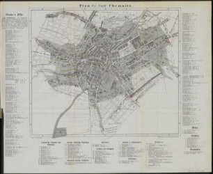 Plan von Chemnitz , Lithographie, 1873 : Plan der Stadt Chemnitz / gef. v. Trubenbach. - Chemnitz : Oschatz, 1873. - 1 Kt. : mehrfarb. Lithogr. ; 31 x 26 cm +++ Mit Straßenverz. und Gebäudekennung