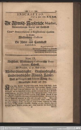 Num. IX. Hochfürstl. Mecklenburg- Gustrowische Protestations- Schrifft. sub Praesent. d. 17. Julii 1685.