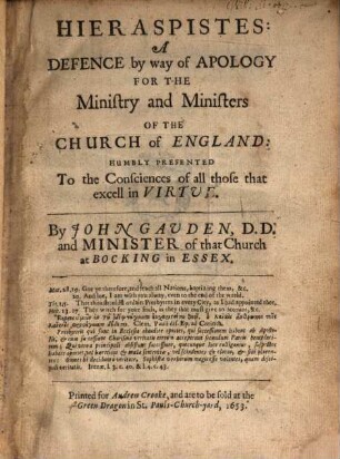 Hieraspistes : a defence by way of apology for the ministry and ministers of the church of England
