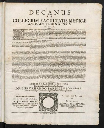 Decanus Et Collegium Facultatis Medicae Antiquae Tubingensis. Lectori S. hygiainein