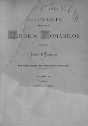 Documente privitóre la istoria românilor : culese de Eudoxin de Hurmuzaki ; culese, adnotate şi publicate de Nic. Densuşianu. Volumul 9., partea 1., 1650-1747