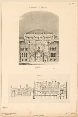 Synagoge, Berlin Monatskonkurrenz Oktober 1888: Aufriss Straßenansicht, Längsschnitt; 2 Maßstabsleisten