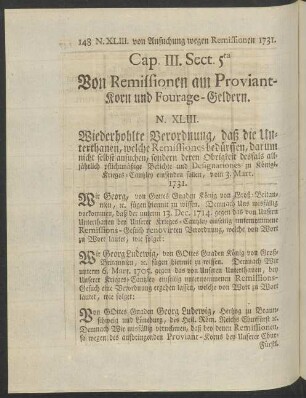 Sect. 5ta Von Remissionen am Proviant-Korn und ...
