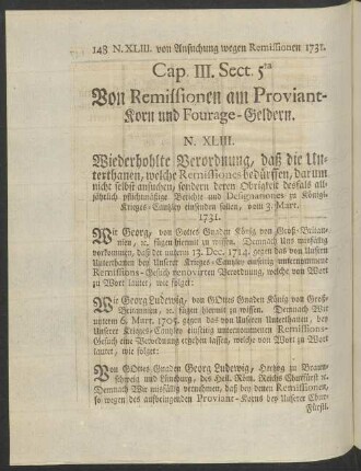 Sect. 5ta Von Remissionen am Proviant-Korn und ...