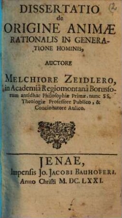 Dissertatio De Origine Animae Rationalis In Generatione Hominis