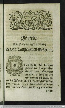 Vorrede Sr. Hochwürdigen Excellenz des Hn. Canzlers von Mosheim