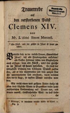 Trauerrede auf den verstorbenen Pabst Clemens XIV.