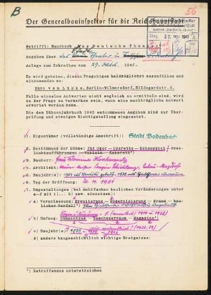 Stadttheater, Tetschen: Fragebogen für das Handbuch »Das Deutsche Theater«, vierseitiges Dokument