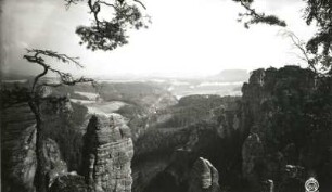 Sächsische Schweiz, Rathener Gebiet. Raaber Kessel. Höllenhundspitze, Raaber Kegel und Gansfelsen gegen Niederrathen und Lilienstein. Blick vom Massiv der Großen Gans nach Südost