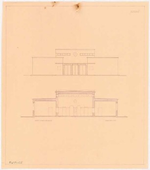 Empfangsgebäude an einer Vorortbahn Monatskonkurrenz Mai 1929: Aufriss Vorderansicht, Querschnitt 1:100