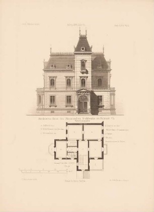 Direktorenhaus der Rheinischen Stahlwerke, Duisburg-Ruhrort: Grundriss 1. OG, Seitenansicht (aus: Architektonisches Skizzenbuch, H. 141/6, 1876)