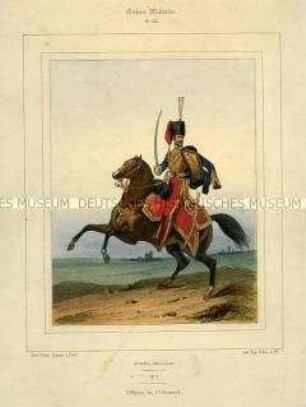 Uniformdarstellung, Offizier des 11. Husaren-Regiments zu Pferd, Königreich Großbritannien, 1840/1850. Tafel Nr. 102 aus: Galerie Militaire.