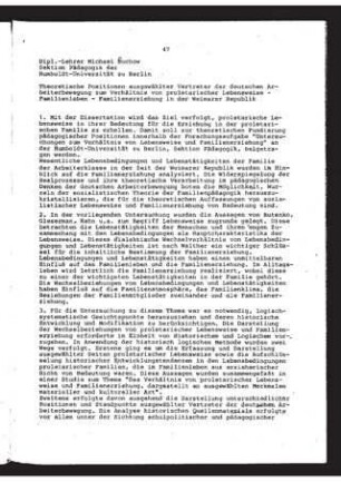 Theoretische Positionen ausgewählter Vertreter der deutschen Arbeiterbewegung zum Verhältnis von proletarischer Lebensweise,Familienleben, Familienerziehung in der Weimarer Republik : Thesen zur Dissertationschrift A