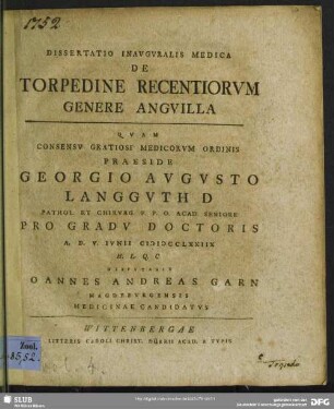 Dissertatio Inauguralis Medica De Torpedine Recentiorum Genere Anguilla