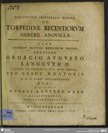 Dissertatio Inauguralis Medica De Torpedine Recentiorum Genere Anguilla