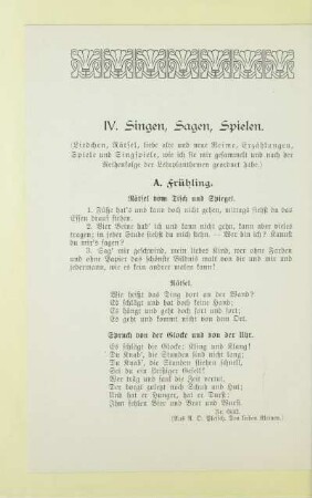 IV. Singen, Sagen, Spielen