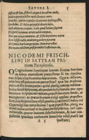 Nicodemi Frischlini In Satyram Primam Paraphrasis.