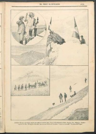 [Vistas del Puipui,] Junín : El cerro de Puipui [...] (Viaje de los ingenieros Piers, Trampé, Fox, Wilson y Parker - Agosto de 1891). - El brindis más alto, con cerveza Backus & Johnston. - Antes de la subida. - Nevadas del Puipui.